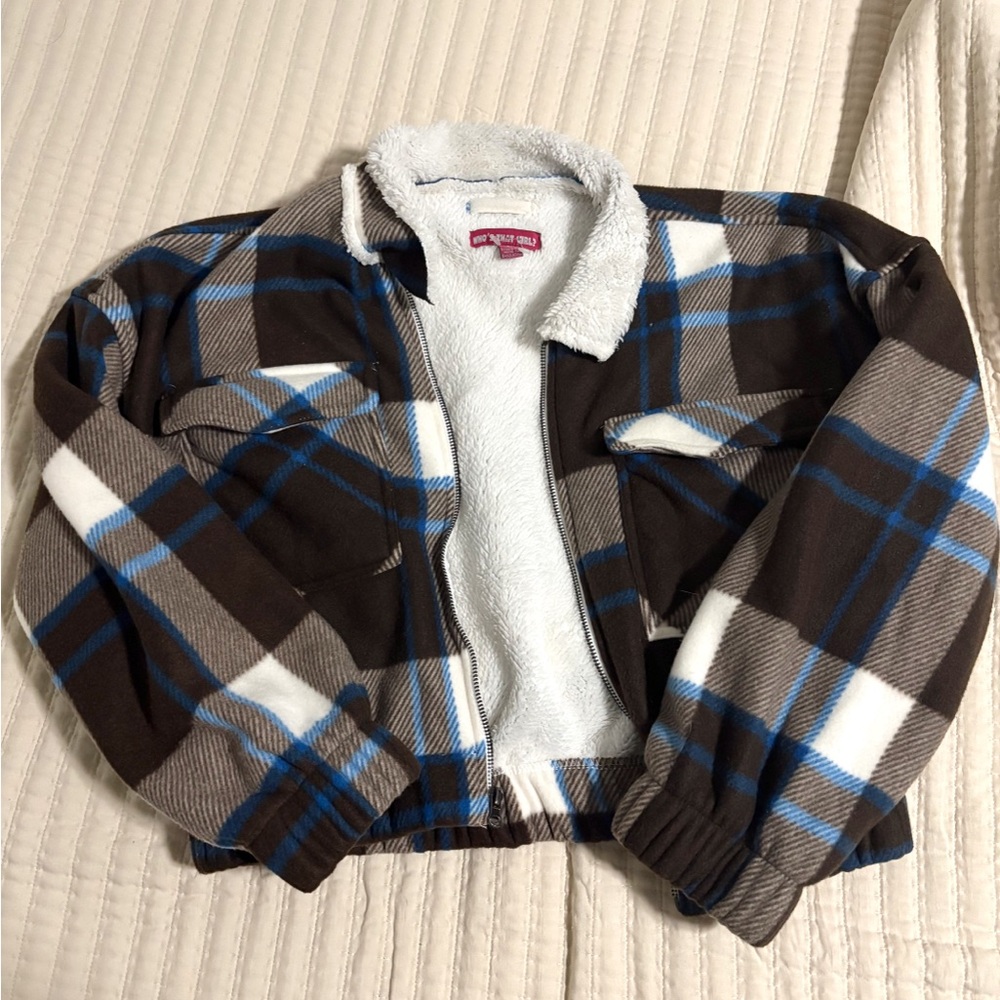 Brown and Blue Plaid Puffer Jacket